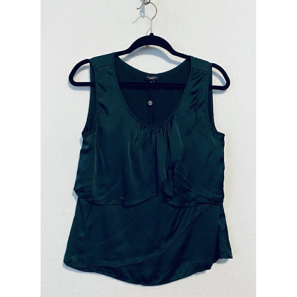 Talbots Top Womens 8 Layered Ruffle Sleeveless Scoop Neck Dark Green Silk Boho